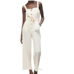Zara Womens Cream Sleeveless Jumpsuit With Belt & Button Detail Size L